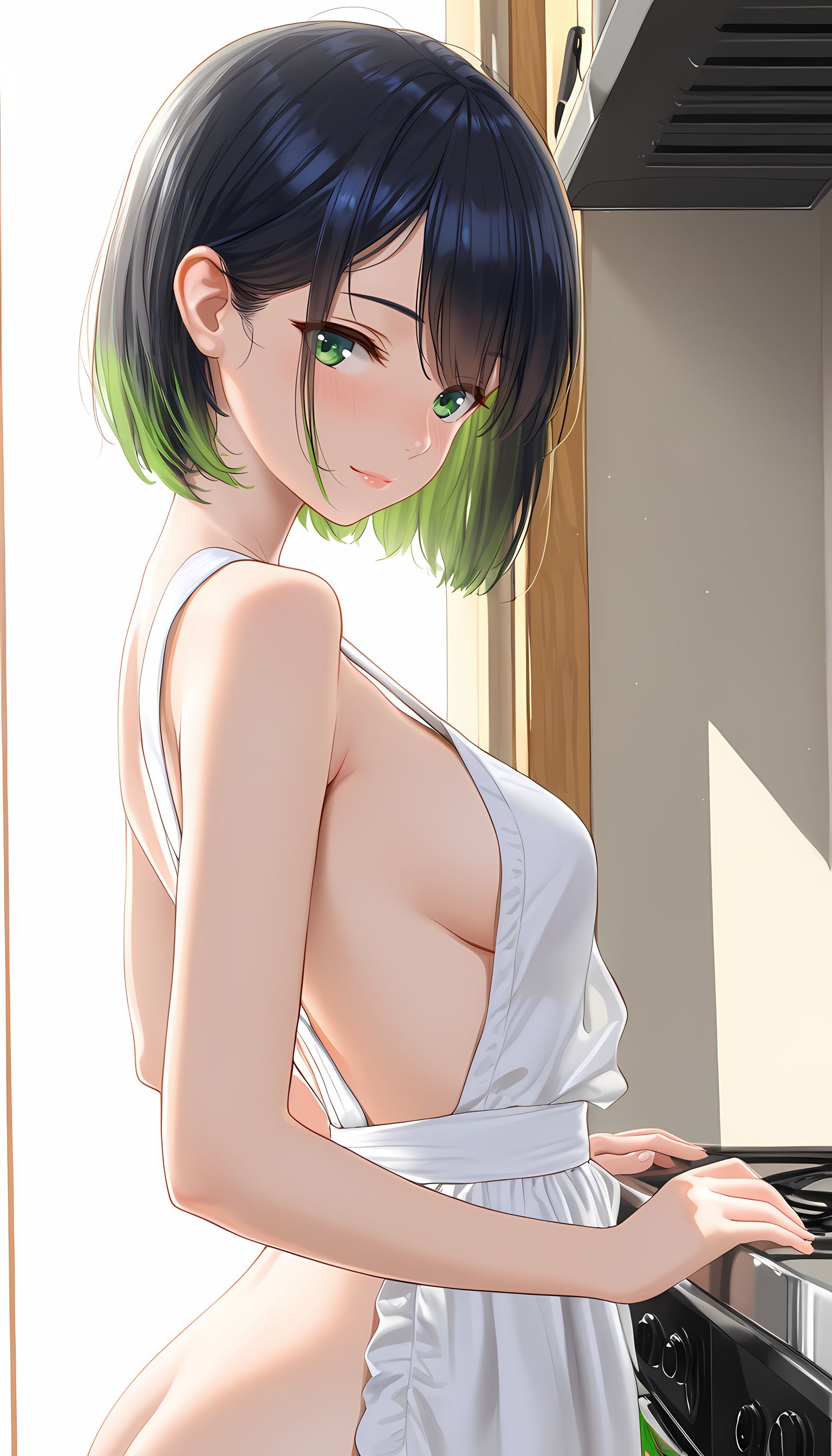 【AIイラスト】裸体美女が白ワイシャツで胸元から下半身を覆い隠しすぎぃ！ムラムラするもえちゃんの胸元