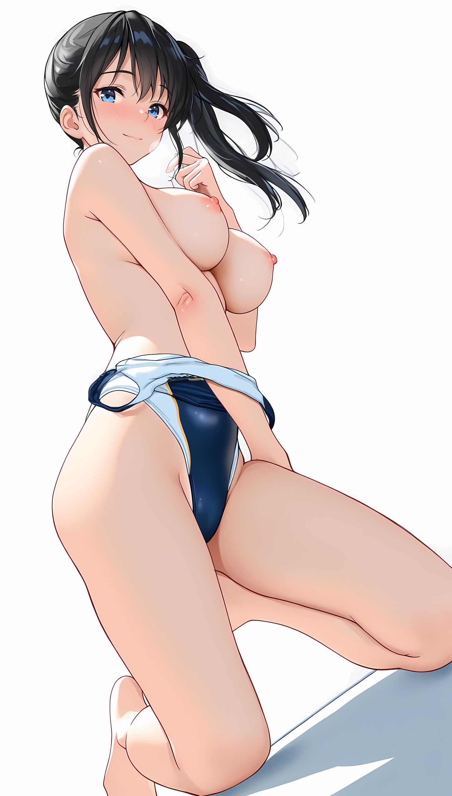 【AIエロ画像】ワンピース水着巨乳お姉さんのサイドポニー姿がエロすぎる！