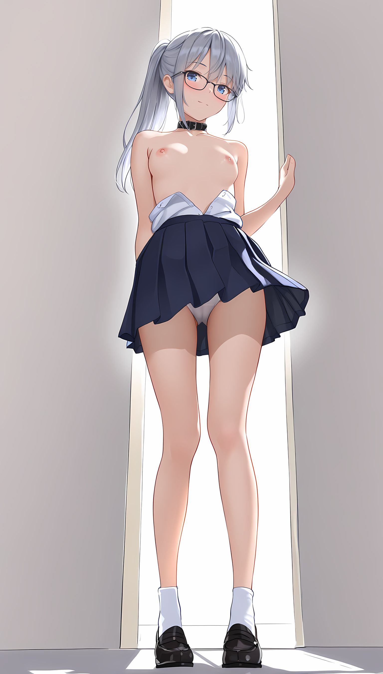 【AIエロ画像】制服姿の貧乳お姉さんの丸出し乳首が超刺激！